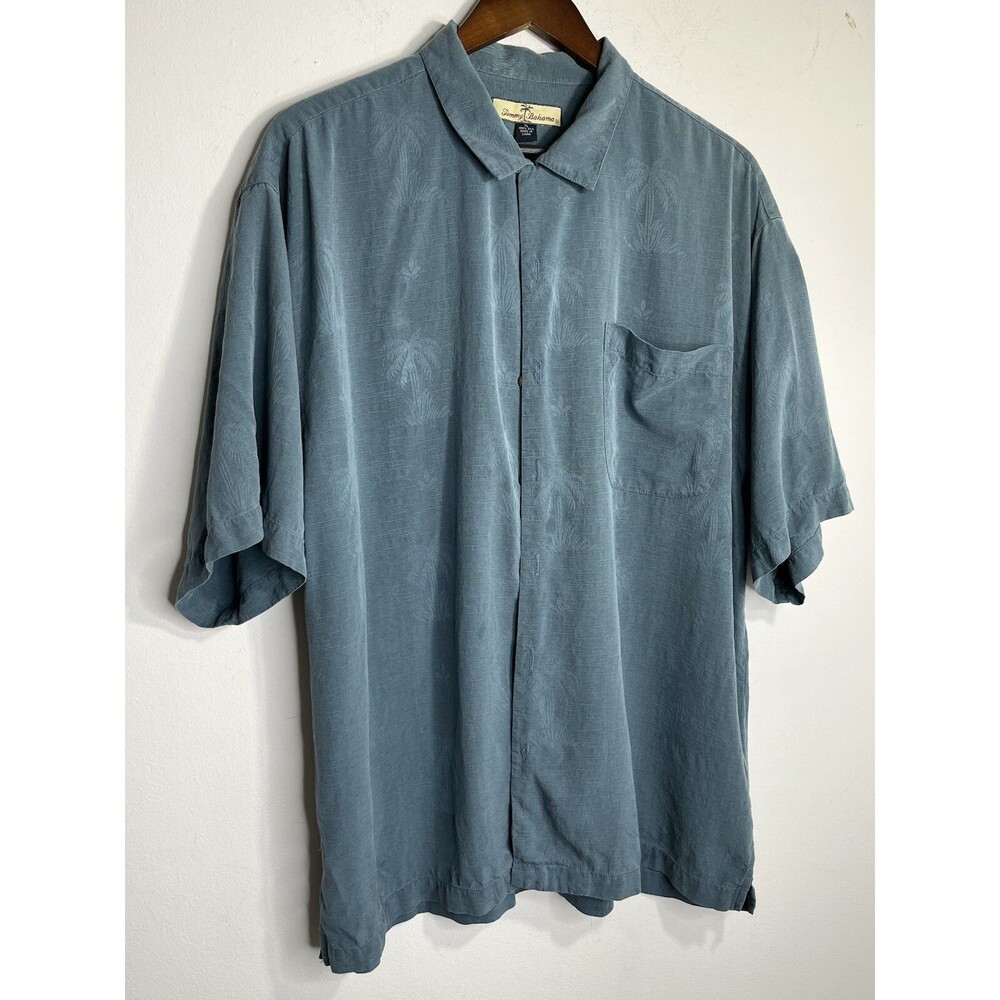 Tommy Bahama Turquoise Palm Tree Island Hawaiian 100% Silk Short Sleeve Shirt XL